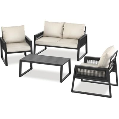 tectake ® Rope Design tuinmeubelset voor tuin of balkon, buitenwoonkamer met 2 stoelen, 1 bank en 1 tafel in houtlook, tuinmeubelkussens, weerbestendig tectake ® Rope Design tuinmeubelset voor tuin of balkon, buitenwoonkamer met 2 stoelen, 1 bank en 1 tafel in houtlook, tuinmeubelkussens, weerbestendig