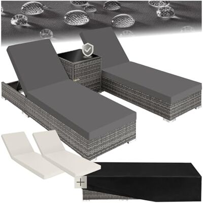 tectake ® 2 luxe ligstoelen, tuinmeubelset, bestaande uit bijzettafel, kussens en 2 sets hoezen, rugleuning 5-voudig verstelbaar, grijs tectake ® 2 luxe ligstoelen, tuinmeubelset, bestaande uit bijzettafel, kussens en 2 sets hoezen, rugleuning 5-voudig verstelbaar, grijs
