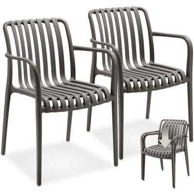 tectake Set van 2 tuinstoelen met armleuningen, tuinmeubelen voor tuintafel of camping, stapelbaar, tuin, terras of balkon, weerbestendig en uv-bestendig, antraciet tectake Set van 2 tuinstoelen met armleuningen, tuinmeubelen voor tuintafel of camping, stapelbaar, tuin, terras of balkon, weerbestendig en uv-bestendig, antraciet