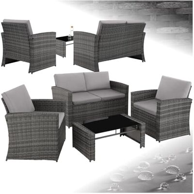 tectake ® Rotan tuinmeubelset bestaande uit 2 stoelen, een bank en een salontafel met afneembaar glazen blad, met comfortabele kussens, roestvrijstalen schroeven, grijs/lichtgrijs tectake ® Rotan tuinmeubelset bestaande uit 2 stoelen, een bank en een salontafel met afneembaar glazen blad, met comfortabele kussens, roestvrijstalen schroeven, grijs/lichtgrijs