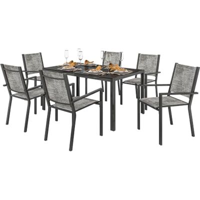 Outsunny Tuinmeubelset voor buiten, 7-delig, tafel, 6 stoelen, 150 cm Tuinmeubelen voor buiten, glazen tafel, stoelen met decoratieve armleuningen, tuinmeubilair van staal, terras en tuin Outsunny Tuinmeubelset voor buiten, 7-delig, tafel, 6 stoelen, 150 cm Tuinmeubelen voor buiten, glazen tafel, stoelen met decoratieve armleuningen, tuinmeubilair van staal, terras en tuin