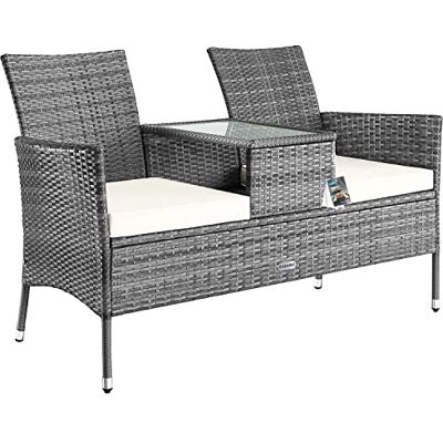 Casaria ® Tuinbank, 2-zits, polyrotan tuinbank met tafel en kussen, 143 x 55 x 88 cm, inhoud 320 kg, weerbestendig, voor terras, balkon, outdoor, grijs Casaria ® Tuinbank, 2-zits, polyrotan tuinbank met tafel en kussen, 143 x 55 x 88 cm, inhoud 320 kg, weerbestendig, voor terras, balkon, outdoor, grijs