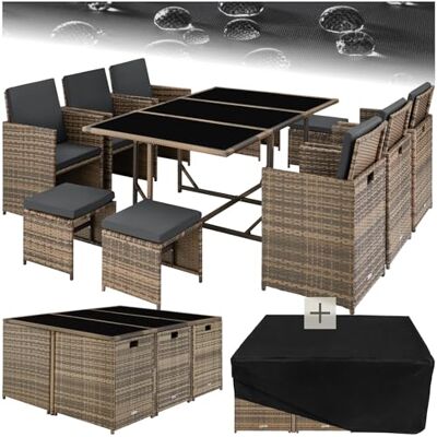 tectake Polyrotan tuinmeubelset met stalen onderstel, 6 eetkamerstoelen, 1 tafel, 4 krukken, opvouwbare tuinmeubelen voor maximaal 10 personen, terrasmeubels, naturel tectake Polyrotan tuinmeubelset met stalen onderstel, 6 eetkamerstoelen, 1 tafel, 4 krukken, opvouwbare tuinmeubelen voor maximaal 10 personen, terrasmeubels, naturel