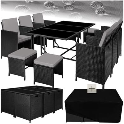 tectake Polyrotan tuinmeubelset met stalen onderstel, 6 eetkamerstoelen, 1 tafel, 4 krukken, tuinmeubelen inklapbaar, voor maximaal 10 personen, terrasmeubels, zwart tectake Polyrotan tuinmeubelset met stalen onderstel, 6 eetkamerstoelen, 1 tafel, 4 krukken, tuinmeubelen inklapbaar, voor maximaal 10 personen, terrasmeubels, zwart