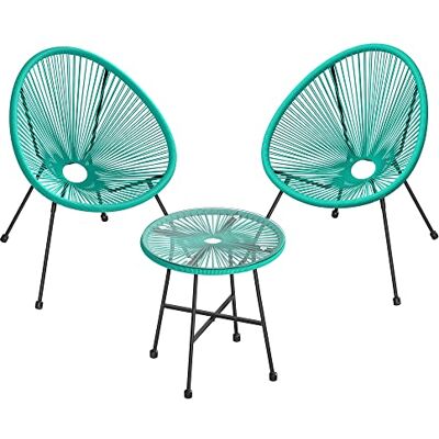 SONGMICS Tuinmeubelset, set van 3 terrasmeubels, Acapulco buitenstoelen, met glazen tafel, turquoise GGF013C02 SONGMICS Tuinmeubelset, set van 3 terrasmeubels, Acapulco buitenstoelen, met glazen tafel, turquoise GGF013C02
