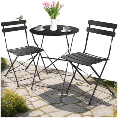 tectake Bistro-tuinmeubelen met 1 tafel en 2 klapstoelen, elegant design, stalen frame, antislip poten, zonder montage, voor terras tectake Bistro-tuinmeubelen met 1 tafel en 2 klapstoelen, elegant design, stalen frame, antislip poten, zonder montage, voor terras