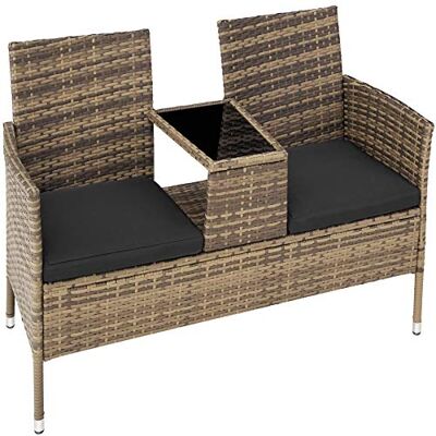 tectake ® Tuinbank met geïntegreerde tafel, loungebank voor 2, tuinmeubelen van rotan, natuur/donkergrijs tectake ® Tuinbank met geïntegreerde tafel, loungebank voor 2, tuinmeubelen van rotan, natuur/donkergrijs