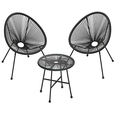 SONGMICS Tuinmeubelset, 3-delig, Acapulco stoel, buitenzitting, tafel met glasplaat en 2 stoelen, gesprekset, binnen en buiten, zwart GGF013B02 SONGMICS Tuinmeubelset, 3-delig, Acapulco stoel, buitenzitting, tafel met glasplaat en 2 stoelen, gesprekset, binnen en buiten, zwart GGF013B02