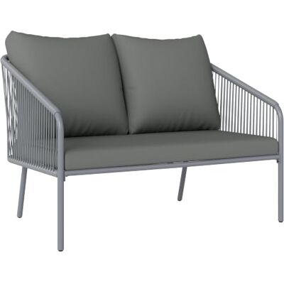 Outsunny Tuinbank, 2-zits, van gevlochten kunsthars, met grijze kussens Buitenbank met armleuningen, stalen frame voor balkon Outsunny Tuinbank, 2-zits, van gevlochten kunsthars, met grijze kussens Buitenbank met armleuningen, stalen frame voor balkon