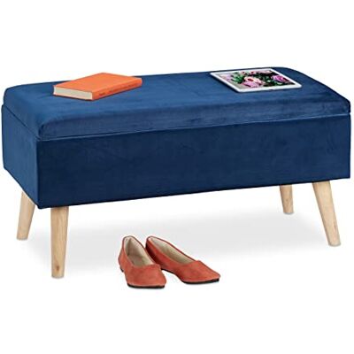 Relaxdays opbergbank velours, zitbank met opbergruimte, 40 L, houten poten, halbankje voor 2, 41x80x40 cm, donkerblauw Relaxdays opbergbank velours, zitbank met opbergruimte, 40 L, houten poten, halbankje voor 2, 41x80x40 cm, donkerblauw