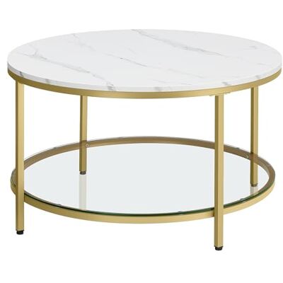 VASAGLE LCT071W59 Salontafel met glasplaat en grote opbergruimte, voor woonkamer, bank, eenvoudige montage, moderne stijl, marmerwit en lichtgoud VASAGLE LCT071W59 Salontafel met glasplaat en grote opbergruimte, voor woonkamer, bank, eenvoudige montage, moderne stijl, marmerwit en lichtgoud