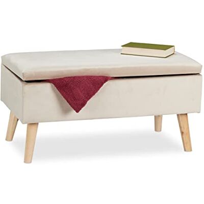 Relaxdays opbergbank velours, zitbank met opbergruimte, 40 L, houten poten, halbankje voor 2, 41x80x40 cm, crème Relaxdays opbergbank velours, zitbank met opbergruimte, 40 L, houten poten, halbankje voor 2, 41x80x40 cm, crème