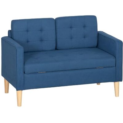 HOMCOM 2-zitsbank, bank met frame, hout, gestoffeerde bank met bekleding voor woonkamer, slaapkamer, 117 x 62 x 78 cm, blauw HOMCOM 2-zitsbank, bank met frame, hout, gestoffeerde bank met bekleding voor woonkamer, slaapkamer, 117 x 62 x 78 cm, blauw