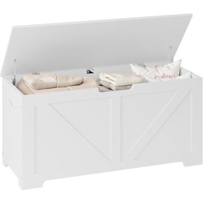 WOLTU Bank met opbergruimte, houten kist, 100 x 47 x 40 cm, schoenenbank met zitting, 2 veiligheidsscharnieren, voor hal, slaapkamer, woonkamer, wit WOLTU Bank met opbergruimte, houten kist, 100 x 47 x 40 cm, schoenenbank met zitting, 2 veiligheidsscharnieren, voor hal, slaapkamer, woonkamer, wit