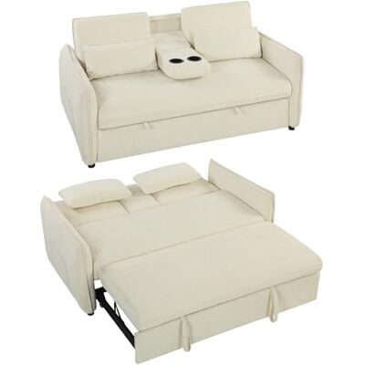 HOMCOM 2-zits 3-in-1 slaapbank, chenille slaapbank met verstelbare rugleuning, bekerhouder, zijzakken, 2 kussens, voor woonkamer, logeerkamer, kleine ruimte, beige HOMCOM 2-zits 3-in-1 slaapbank, chenille slaapbank met verstelbare rugleuning, bekerhouder, zijzakken, 2 kussens, voor woonkamer, logeerkamer, kleine ruimte, beige