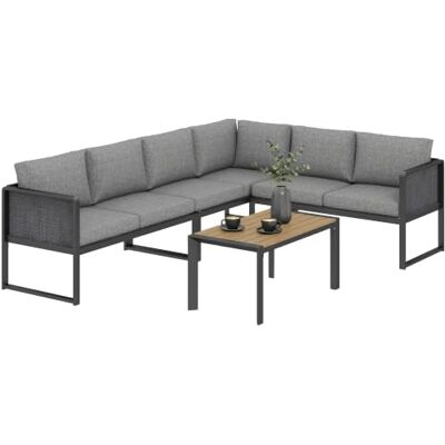 Outsunny Tuinmeubelset voor buiten, modulair, 6 personen, donkergrijs Banken, salontafel met latten in houtlook, kussens, structuur van metaal en textiellijn, tuinmeubelen, terras, balkon Outsunny Tuinmeubelset voor buiten, modulair, 6 personen, donkergrijs Banken, salontafel met latten in houtlook, kussens, structuur van metaal en textiellijn, tuinmeubelen, terras, balkon