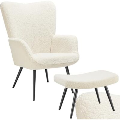 tectake Gewatteerde oorstoel, Scandinavische stijl, pluche stoel, slaapkamer, draagvermogen 150 kg, stoel met hocker, kruk, krullend, crème/zwart tectake Gewatteerde oorstoel, Scandinavische stijl, pluche stoel, slaapkamer, draagvermogen 150 kg, stoel met hocker, kruk, krullend, crème/zwart