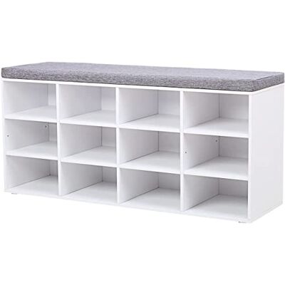 VASAGLE LHS012W14 Schoenenbank met zitting, opbergbank, kussen, 12 vakken, verstelbare planken, voor woonkamer, hal, 30,3 x 104 x 48 cm, cloud/taupe grijs VASAGLE LHS012W14 Schoenenbank met zitting, opbergbank, kussen, 12 vakken, verstelbare planken, voor woonkamer, hal, 30,3 x 104 x 48 cm, cloud/taupe grijs