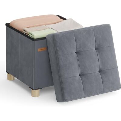 SONGMICS Opbergpoef, kleine bank, opvouwbaar, 38 x 38 x 40 cm, voetensteun 37 l, fluwelen oppervlak, voor slaapkamer, woonkamer, slaapkamer, leigrijs LSF0516G01 SONGMICS Opbergpoef, kleine bank, opvouwbaar, 38 x 38 x 40 cm, voetensteun 37 l, fluwelen oppervlak, voor slaapkamer, woonkamer, slaapkamer, leigrijs LSF0516G01