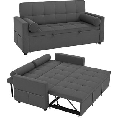 HOMCOM 2-zits 3-in-1 slaapbank, gestoffeerde slaapbank, dubbel uitschuifbed, verstelbare rugleuning, 2 kussens en armleuningzakken, linnenlook stof, voor slaapkamer, donkergrijs HOMCOM 2-zits 3-in-1 slaapbank, gestoffeerde slaapbank, dubbel uitschuifbed, verstelbare rugleuning, 2 kussens en armleuningzakken, linnenlook stof, voor slaapkamer, donkergrijs