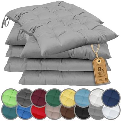 NatureMark Set van 4 stoelkussens met banden, 40 x 40 cm, dik stoelkussen voor binnen en tuin, kleur: zilvergrijs NatureMark Set van 4 stoelkussens met banden, 40 x 40 cm, dik stoelkussen voor binnen en tuin, kleur: zilvergrijs