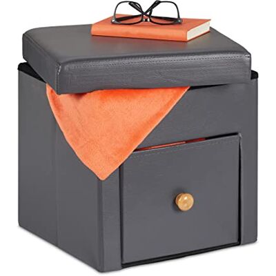 Relaxdays Opvouwbare opbergkruk met lade, 38 x 37 x 38 cm, grijs Relaxdays Opvouwbare opbergkruk met lade, 38 x 37 x 38 cm, grijs