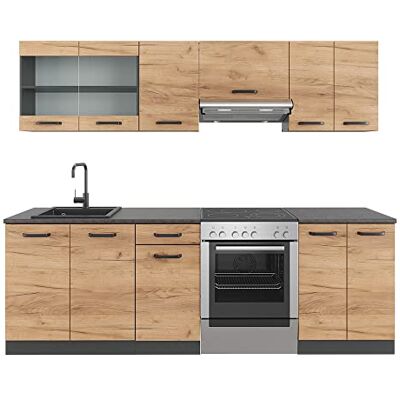 Vicco Keukenlijn "R-Line", goud/antraciet eiken 240 cm PT met zwart patroon, flexibel te combineren met modulaire elementen Vicco Keukenlijn "R-Line", goud/antraciet eiken 240 cm PT met zwart patroon, flexibel te combineren met modulaire elementen