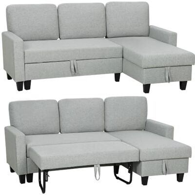 HOMCOM Omkeerbare hoekbank, omkeerbaar, 3-zits slaapbank, 197 cm, chaise longue, opbergkist, wasbare kussens, linnenlook, moderne bank voor woonkamer, kantoor, appartement, lichtgrijs HOMCOM Omkeerbare hoekbank, omkeerbaar, 3-zits slaapbank, 197 cm, chaise longue, opbergkist, wasbare kussens, linnenlook, moderne bank voor woonkamer, kantoor, appartement, lichtgrijs