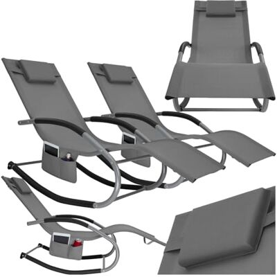 tectake ® Set van 2 schommelstoelen, weerbestendig Met afneembare hoofdsteun, zijvak, gebogen en gevoerde armleuningen, ademende en waterafstotende stof, max. 150 kg, grijs tectake ® Set van 2 schommelstoelen, weerbestendig Met afneembare hoofdsteun, zijvak, gebogen en gevoerde armleuningen, ademende en waterafstotende stof, max. 150 kg, grijs