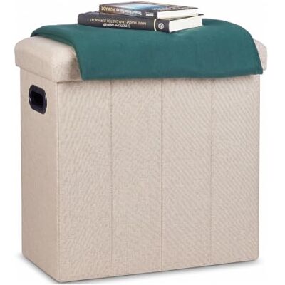 Relaxdays Opvouwbare poef, beige, met opbergruimte H x B x D: 49,5 x 46 x 25,5 cm, linnen, polyester, MDF Relaxdays Opvouwbare poef, beige, met opbergruimte H x B x D: 49,5 x 46 x 25,5 cm, linnen, polyester, MDF
