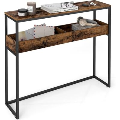 VASAGLE LNT091K01 haltafel met 2 niveaus met halfopen vakken voor hal, woonkamer, 24 x 100 x 80 cm, rustiek bruin en inktzwart VASAGLE LNT091K01 haltafel met 2 niveaus met halfopen vakken voor hal, woonkamer, 24 x 100 x 80 cm, rustiek bruin en inktzwart