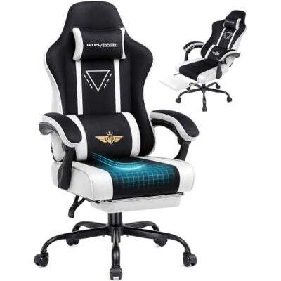GTPLAYER Ergonomische gamingstoel met stoffen zitting, veerkussen, geïntegreerde armleuningen en voetensteun, belastbaar tot 150 kg, wit GTPLAYER Ergonomische gamingstoel met stoffen zitting, veerkussen, geïntegreerde armleuningen en voetensteun, belastbaar tot 150 kg, wit