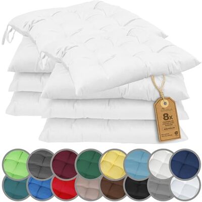 NatureMark Set van 4 stoelkussens met banden, 40 x 40 cm, dik stoelkussen voor binnen en tuin, kleur: wit NatureMark Set van 4 stoelkussens met banden, 40 x 40 cm, dik stoelkussen voor binnen en tuin, kleur: wit