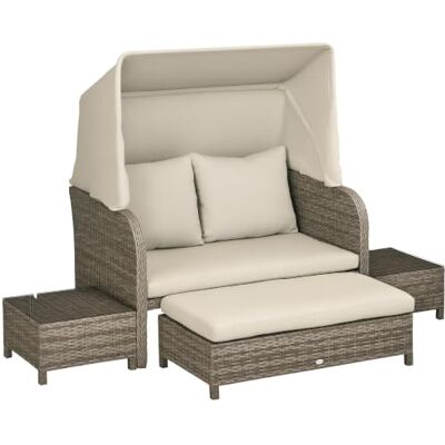 Outsunny Tuinmeubelset, 4-delig, 2-zitsbank + 1 voetenbank + 2 salontafel met kussens, verzinkt metaal en hars, rotanlook, beige/bruin Outsunny Tuinmeubelset, 4-delig, 2-zitsbank + 1 voetenbank + 2 salontafel met kussens, verzinkt metaal en hars, rotanlook, beige/bruin