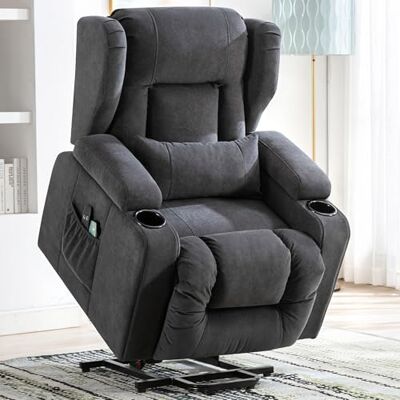 COMHOMA Elektrische relaxstoel, fauteuil, woonkamer, massage, tv, kantelfunctie, trilling, sta-ondersteuning, verstelbare rugleuning, met voetensteun en bekerhouder, stof, grijs COMHOMA Elektrische relaxstoel, fauteuil, woonkamer, massage, tv, kantelfunctie, trilling, sta-ondersteuning, verstelbare rugleuning, met voetensteun en bekerhouder, stof, grijs