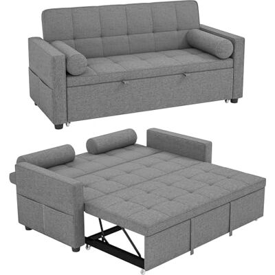 HOMCOM Slaapbank, 2-zits, 3-in-1, gestoffeerde slaapbank, dubbele slaapbank, verstelbare rugleuning, 2 kussens en armleuningen, stof in linnenlook voor slaapkamer, grijs HOMCOM Slaapbank, 2-zits, 3-in-1, gestoffeerde slaapbank, dubbele slaapbank, verstelbare rugleuning, 2 kussens en armleuningen, stof in linnenlook voor slaapkamer, grijs