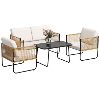 Outsunny Tuinmeubelset voor buiten, 4 personen, van kunsthars, crèmekleurig Balkon, 2-zitsbank, fauteuil, salontafel van gehard glas, afneembare kussens inbegrepen Outsunny Tuinmeubelset voor buiten, 4 personen, van kunsthars, crèmekleurig Balkon, 2-zitsbank, fauteuil, salontafel van gehard glas, afneembare kussens inbegrepen