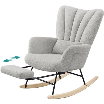 SONGMICS Schommelstoel, schommelstoel met uittrekbare voetensteun, afneembaar kussen, zijzakken, houten poten, pluche stof, voor slaapkamer, woonkamer, duifgrijs LYY018G101 SONGMICS Schommelstoel, schommelstoel met uittrekbare voetensteun, afneembaar kussen, zijzakken, houten poten, pluche stof, voor slaapkamer, woonkamer, duifgrijs LYY018G101