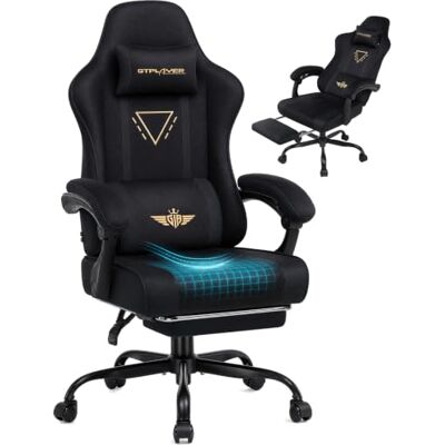 GTPLAYER Ergonomische gamingstoel met stoffen zitting, veerkussen, geïntegreerde armleuningen en voetensteun, belastbaar tot 150 kg, zwart GTPLAYER Ergonomische gamingstoel met stoffen zitting, veerkussen, geïntegreerde armleuningen en voetensteun, belastbaar tot 150 kg, zwart