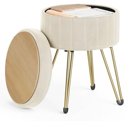 SONGMICS Opbergkruk, ronde zitting, kaptafelkruk, fluwelen poef, voetensteun, 39 x 44,4 cm (diameter x h), 4 metalen poten, voor schoonheidshoeken, woonkamer, slaapkamer, crèmewit LOM003W01 SONGMICS Opbergkruk, ronde zitting, kaptafelkruk, fluwelen poef, voetensteun, 39 x 44,4 cm (diameter x h), 4 metalen poten, voor schoonheidshoeken, woonkamer, slaapkamer, crèmewit LOM003W01