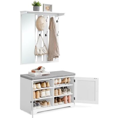 VASAGLE Kapstokset met schoenenbank, Kledingrek met spiegel, 8 dubbele haken, bank met verstelbare plank, dubbele deur, afneembaar kussen, breedte 81 cm, wolkenwit LSC010WB01 VASAGLE Kapstokset met schoenenbank, Kledingrek met spiegel, 8 dubbele haken, bank met verstelbare plank, dubbele deur, afneembaar kussen, breedte 81 cm, wolkenwit LSC010WB01