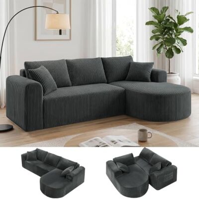 COMHOMA Corduroy hoekbank, modulaire hoekbank, 263 cm, met chaise longue, L-vormige slaapbank, sectionele banken met kussens en zijvakken, bank voor de woonkamer, zonder montage, grijs COMHOMA Corduroy hoekbank, modulaire hoekbank, 263 cm, met chaise longue, L-vormige slaapbank, sectionele banken met kussens en zijvakken, bank voor de woonkamer, zonder montage, grijs