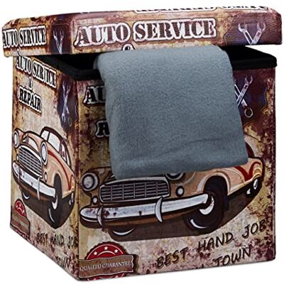 Relaxdays poef met opbergruimte, opvouwbare hocker, kunstleer, auto print, 38 cm hoog, met deksel, als voetenbankje Relaxdays poef met opbergruimte, opvouwbare hocker, kunstleer, auto print, 38 cm hoog, met deksel, als voetenbankje