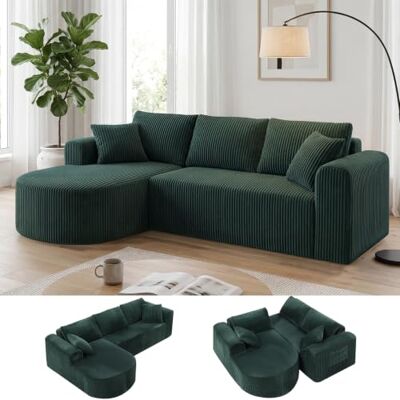 COMHOMA Corduroy hoekbank, modulaire hoekbank, 263 cm, met chaise longue, L-vormige slaapbank, sectionele banken met kussens en zijzakken, bank voor woonkamer, zonder montage, groen COMHOMA Corduroy hoekbank, modulaire hoekbank, 263 cm, met chaise longue, L-vormige slaapbank, sectionele banken met kussens en zijzakken, bank voor woonkamer, zonder montage, groen