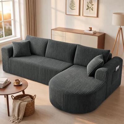 COMHOMA Hoekbank met slaapfunctie, 243 cm, corduroy, modulaire bank zonder botten met chaise longue, L-vormige bank, sectionele banken met kussen en zijzakken, woonkamerbank COMHOMA Hoekbank met slaapfunctie, 243 cm, corduroy, modulaire bank zonder botten met chaise longue, L-vormige bank, sectionele banken met kussen en zijzakken, woonkamerbank