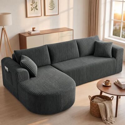 COMHOMA Corduroy hoekbank, modulaire 243 cm, met chaise longue, L-vormige slaapbank, sectionele banken met kussens en zijzakken, bank voor woonkamer, zonder montage, grijs COMHOMA Corduroy hoekbank, modulaire 243 cm, met chaise longue, L-vormige slaapbank, sectionele banken met kussens en zijzakken, bank voor woonkamer, zonder montage, grijs