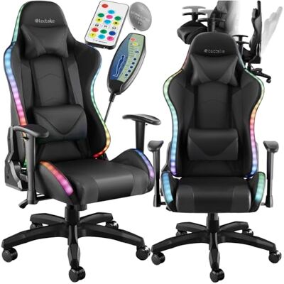tectake Ergonomische gamingstoel met massagefunctie, draaibare bureaustoel met ledverlichting, zwart/zwart tectake Ergonomische gamingstoel met massagefunctie, draaibare bureaustoel met ledverlichting, zwart/zwart