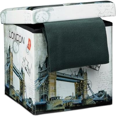 Relaxdays Opvouwbare kruk 38 cm stabiele poef met trendy motieven als praktische voetsteun als zitkubus met bedrukt kunstleer als opbergbox met opbergruimte en deksel, Londen Relaxdays Opvouwbare kruk 38 cm stabiele poef met trendy motieven als praktische voetsteun als zitkubus met bedrukt kunstleer als opbergbox met opbergruimte en deksel, Londen