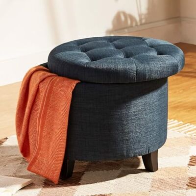 BAKAJI Houten poef met binnenvak, opbergkist met gevoerde zitting, ronde kruk, 51 x 51 x 43 cm, voor woonkamer, slaapkamer (linnenblauw) BAKAJI Houten poef met binnenvak, opbergkist met gevoerde zitting, ronde kruk, 51 x 51 x 43 cm, voor woonkamer, slaapkamer (linnenblauw)