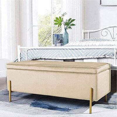 BAKAJI Poef voor het opbergen van voetenbank, voetensteun voor slaapkamer, bank met houtstructuur, bekleding van fluwelen stof en gevoerde open zitting, gouden poten (beige) BAKAJI Poef voor het opbergen van voetenbank, voetensteun voor slaapkamer, bank met houtstructuur, bekleding van fluwelen stof en gevoerde open zitting, gouden poten (beige)